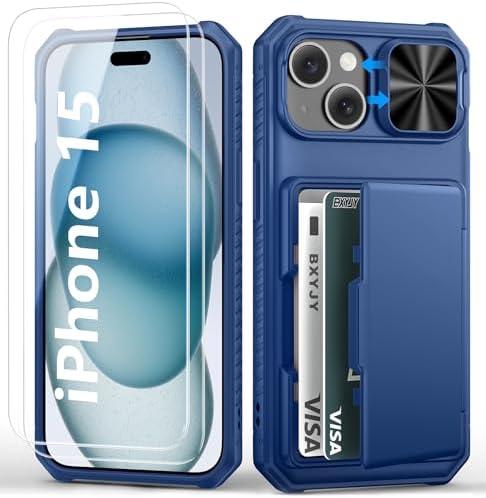 BXYJY for iPhone 15 Wallet Case with Screen Protector (Tempered Glass), Card Holder (4-5 Cards), Slide Camera Cover, Military Grade Drop Protection, Men Women Hard Case for iPhone 15, Blue