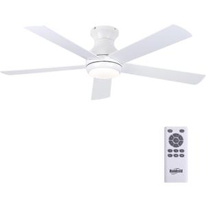 52" Flush Mount Ceiling Fans with Lights and Remote Control, Brushed Nickel, 6 Speeds Reversible DC Motor, 5 Blades Low Profile Ceiling Fans LED Light for Bedroom/Living Room (White)