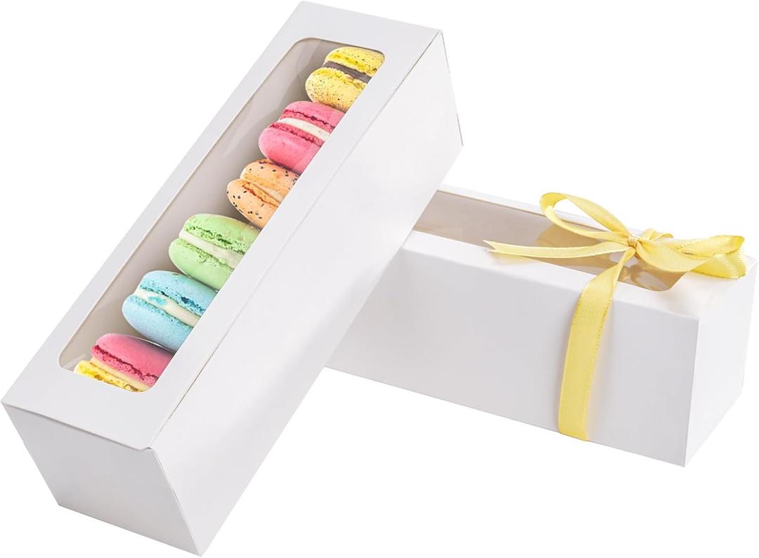 25 Pack Macaron Boxes for 5-7 Macarons Cookie Candy Strawberry Boxes Macaron Container Packaging Boxes with Ribbon for Gift Giving(White) (White)