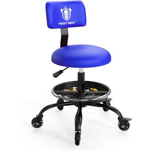 Rolling Shop Stool with Wheels, Garage Mechanic Stool Chair with Backrest, Height Adjustable Heavy Duty Swivel Task Chair, Adjustable Footrest with Storage Tray for Garage Kitchen Salon Tattoo (Blue)