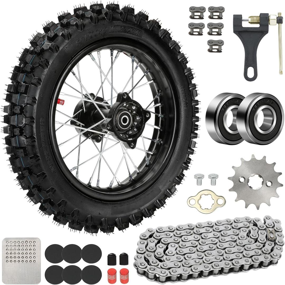 12'' Wheel & 80/100-12 3.00-12 80x100x12 Rear Dirt Bike Tire Rim for 125cc 110cc SSR CRF110F PW80 TTR110 KLX110 KLX110L KX65 DS80 JR80 Baja DR70 Off Road Pit Bike Parts with 428 Chain
