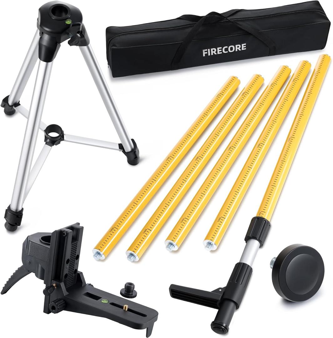 Firecore 12 Ft./3.7M Professional Laser Level Pole with Tripod and 1/4-Inch by 20-Inch Laser Mount for Rotary and Line Lasers, Adjustable Telescoping Laser Pole with 5/8"-11 Threaded Adapter-FLP370C