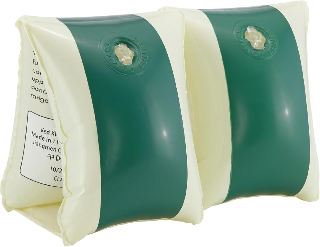 Petites Pommes Striped Water Wings Ages 2-6 - Handprinted Classic Inflatable Arm Floaties - Durable, BPA-Free Swimmies with Soft Seams, Safe Valves & Storage Bag - Dark Green