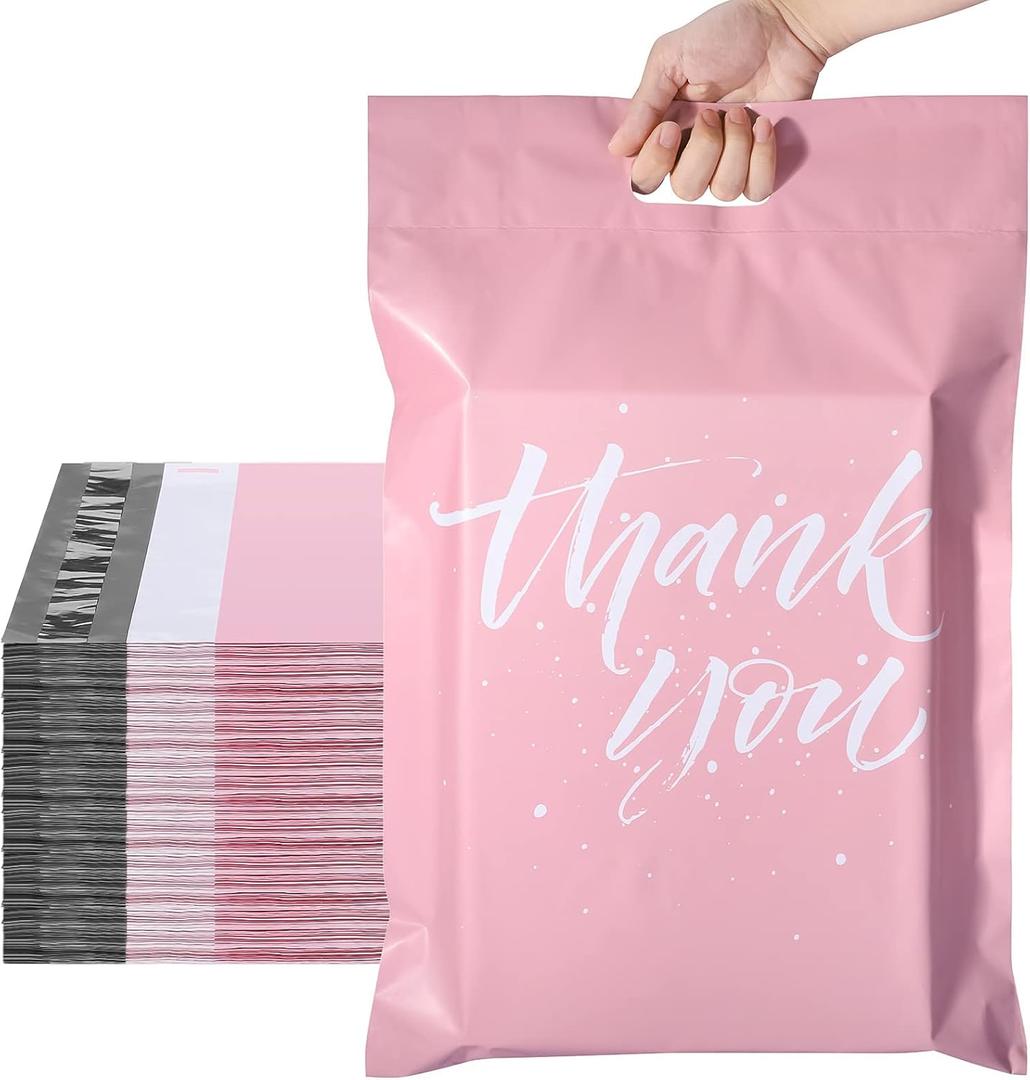 Metronic Thank You Poly Mailers 14.5x19, 50 Pcs, Easy to Carry Shipping Bags with Handle, Self-Seal Mailers Poly Bags for Small Business Packing and Shipping, Large Package Bags Mailing Bags, Pink