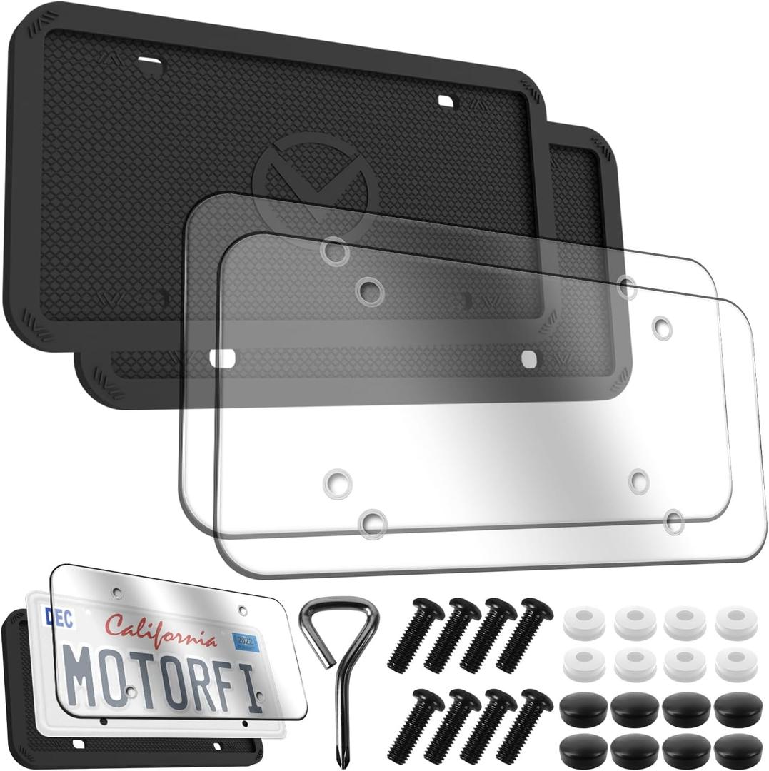 2 Pcs Silicone License Plate Frames with 2 Clear Polycarbonate Covers, Rust-Proof, Weather Resistant, Easy Installation, Premium License Plate Protector, Covers & Frames with 2 Drainage Holes