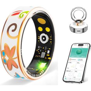 DSHKISK Smart Ring for Women & Men, Fitness Tracker with Heart Rate, SpO2, Blood Pressure & Sleep Monitoring, IP68 Waterproof, Long Battery Life, No Monthly Fees, for iPhone Android (8#&Floral) (Gold)