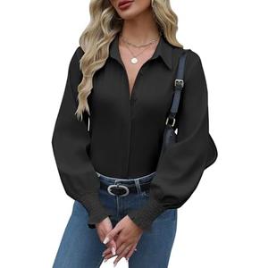 Zeagoo Womens Button Down Shirts Smocked Cuffed Blouses Printed Lantern Shirt Long Sleeve Tops Casual Collar Business Fashion, Medium
