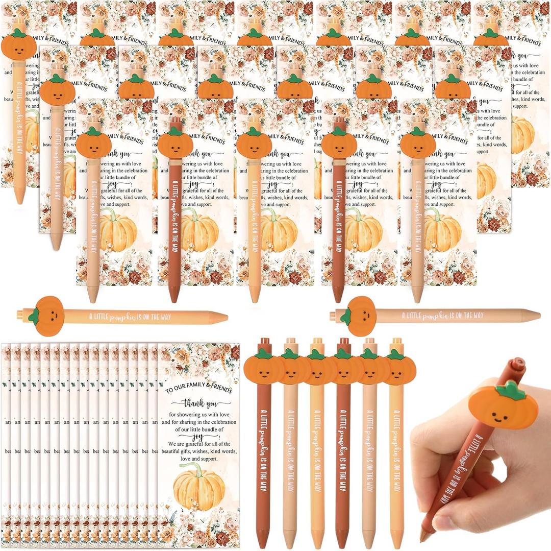 18 Sets Thanksgiving Pumpkin Baby Shower Favors Bulk Fall Ballpoint Pen with a Little Pumpkin Is on The Way Cards for Families Friends Guests Gender Reveal Party Return Gifts