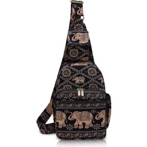 Coton Pose Women sling bag Elephant canvas large boho backpacks bohemian Crossbody bag (Black)