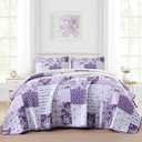 Anibedding 3Pieces Floral Patchwork Quilts King Size, Purple Flower Plaid Bedspreads with Double Pillowcases for All Season