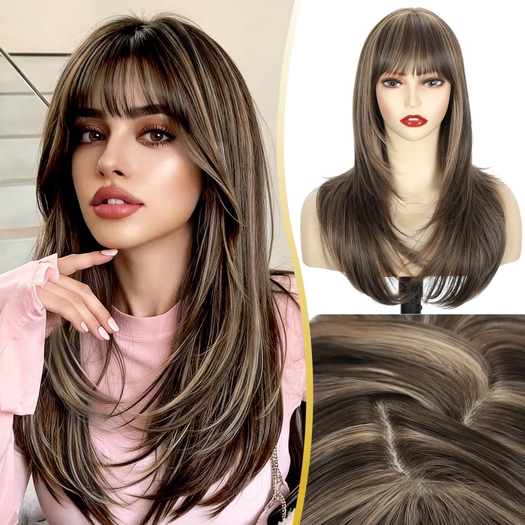 Sakuraaa Brown Blonde Highlight Straight Wig with Bangs 20 Inch Medium Length Layered Synthetic Wigs for Women, Realistic Scalp Natural Looking Heat Resistant Wig for Daily Party Cosplay Use