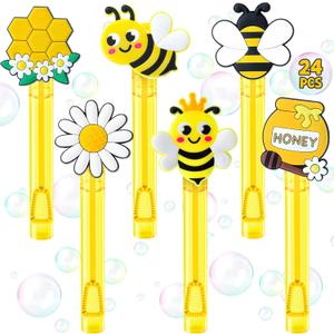 Winrayk Bee Party Favors, 24Pcs Bee Themed Mini Bubble Wands for Kids Bubbles Bulk with Detachable Topper (6 Styles & Colors), Birthday Gift Easter Goody Bag Stuffer Classroom Prizes Honey Party Favor