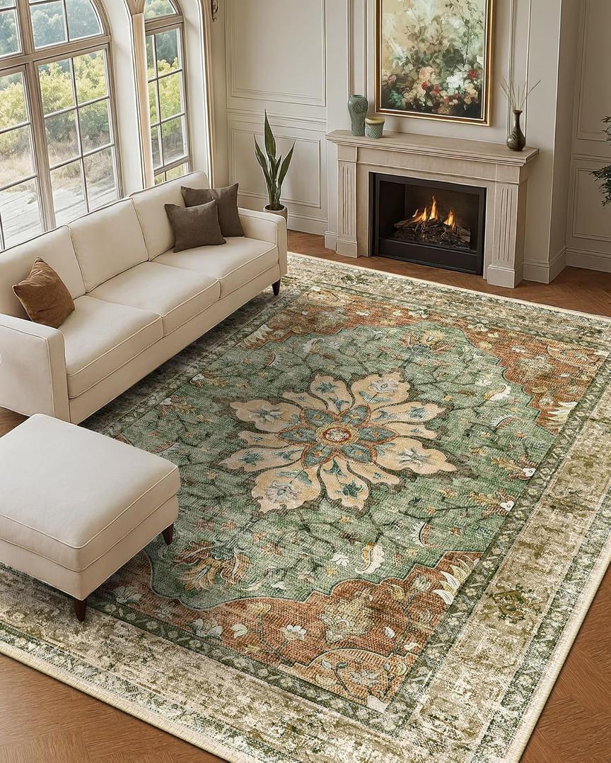 Area Rugs 9'x12' Washable Non-Slip, Floral Vintage Distress Print Pattern Medallion Carpet for Living Room Bedroom Dining Room, Brick Red Rust Neutral Brown Burnt Orange Green