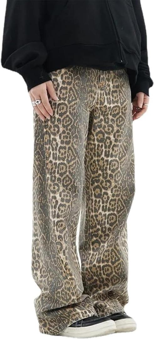 YELLOOP Leopard Print Jeans Y2k Jeans Leopard Jeans Grunge Y2k Pants Womens Baggy Jeans 2000s Leopard Pants (X-Large, Light)