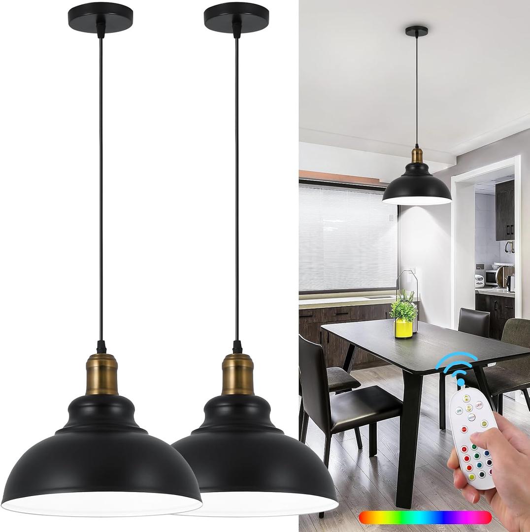 Battery Operated Pendant Lights,Rechargeable Pendant Light with Remote,Black Gold Pendant Light Fixtures for Kitchen Island,Modern Industrial Hanging Lights for Dining Room Hallway Entryway(2 Pack)
