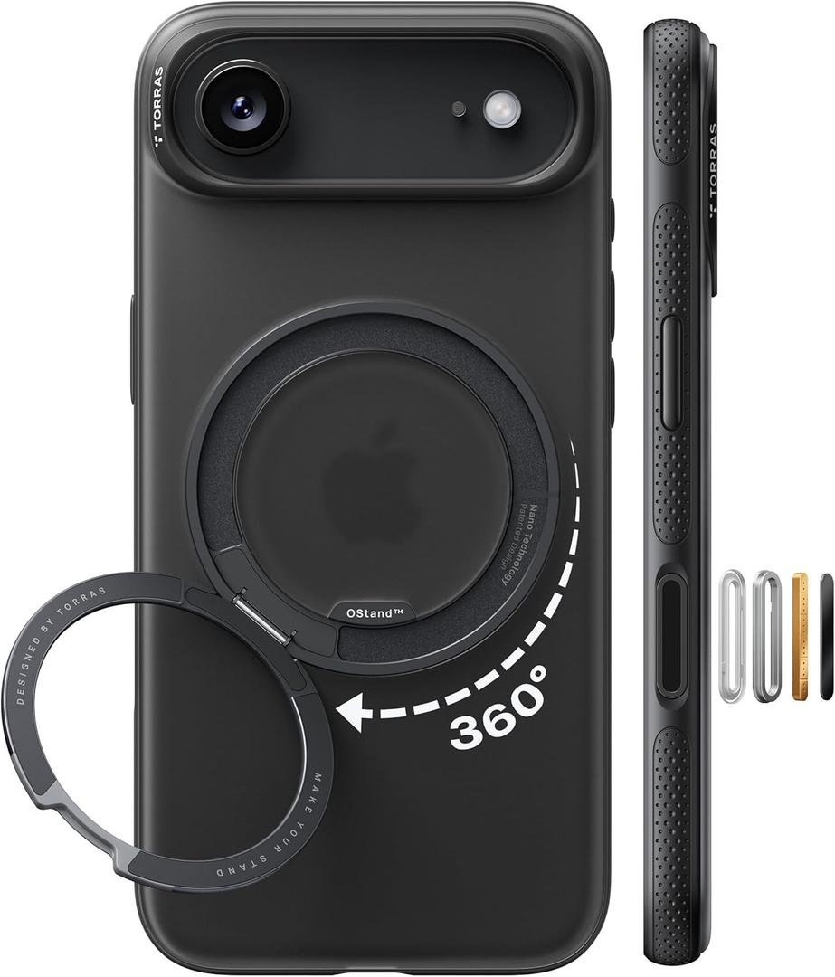 TORRAS 360 Magnetic Stand for iPhone Air Case, [Fit for MagSafe] [Military-Grade Protection] Translucent Slim Case for iPhone 17 Air, 2025, Obsidian Black, Ostand O3 Fitness Series