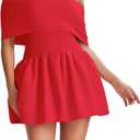 Atizon Women's Summer Off The Shoulder Mini Dress Casual Short Sleeve Trendy Cocktail Party A Line Dresses (Red)