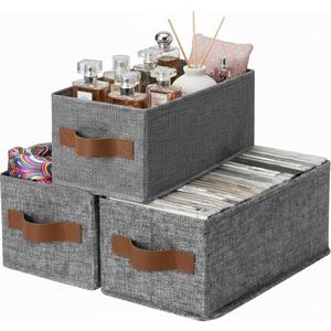 GRANNY SAYS Small Fabric Storage Bins, Storage Baskets for Shelves with PU Handles, Toilet Paper Storage, Mini Baskets for Organizing DVD, Photos, Clothes, Diaper, Sock, Cd, 3-Pack, Ivory