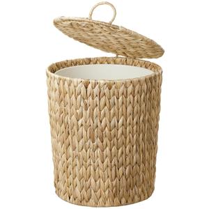 Coeusy 4 Gallon Wicker Trash Can with Lid, Small Bathroom Trash Can, Water Hyacinth Woven Waste Basket, Rattan Boho Decorative Garbage Can with Removable Liner for Bedroom, Home Office (Round,Natural)
