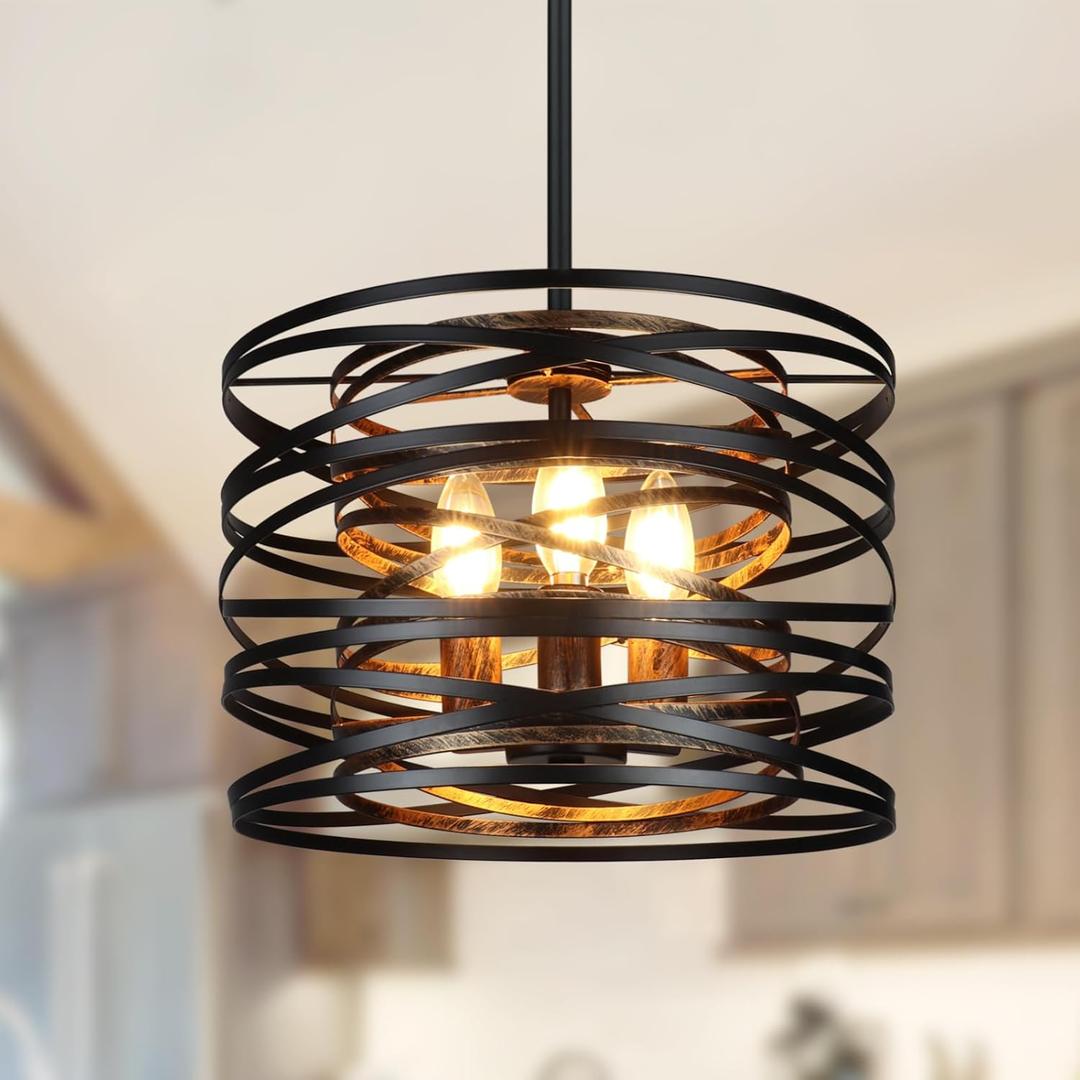 3-Light Farmhouse Black Chandelier for Dining Room Lighting Fixtures, 12.6'' Rustic Drum Ceiling Hanging Pendant Light for Foyer Entryway Kitchen Bedroom, Black with Wood-Grain Metal Interior