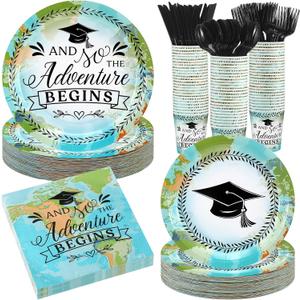 Yungyan 200 Pcs 2026 Graduation Party Supplies Disposable Graduation Plates Napkins Serve 25 Guests Class of 2026 World Map Tableware for High School College Party Decor
