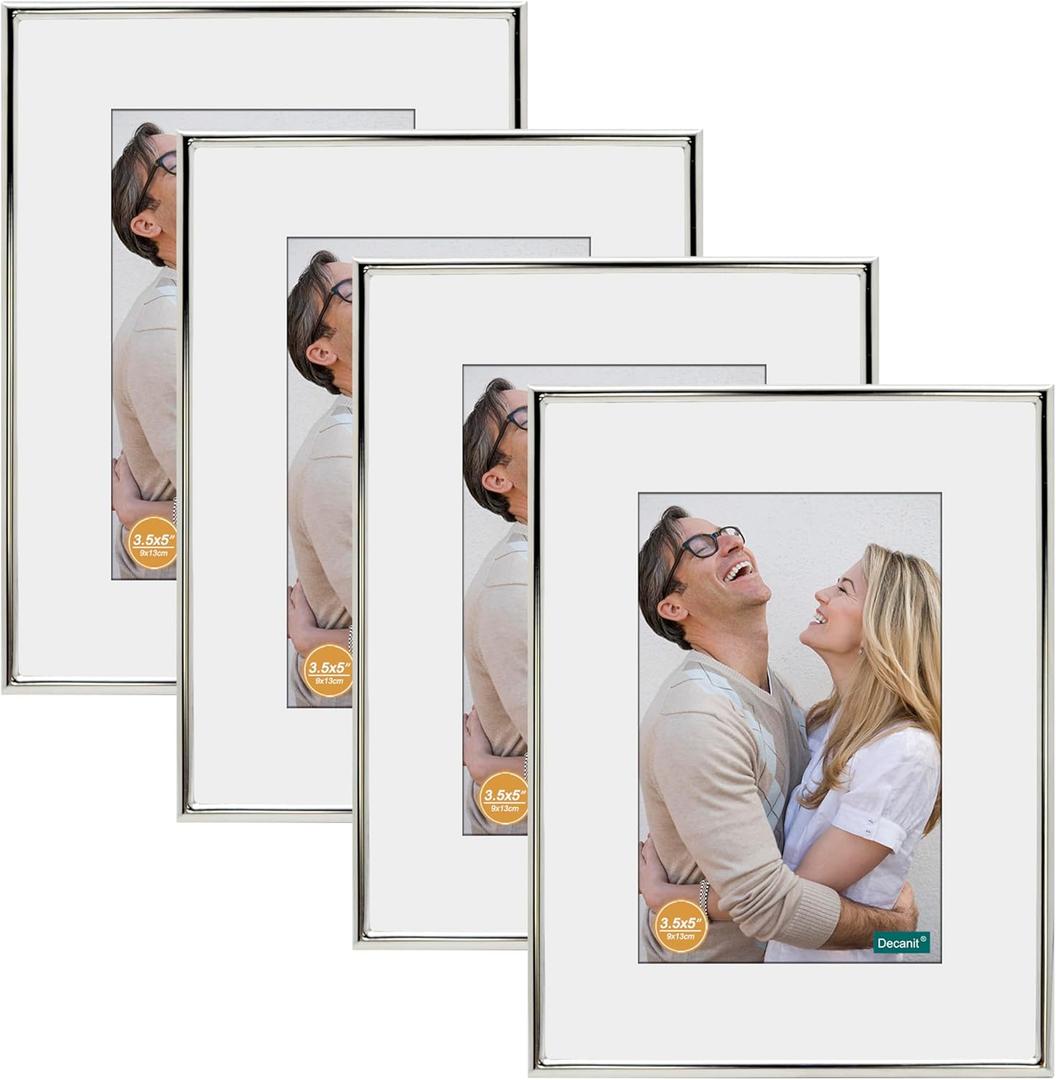 DECANIT 5x7 Picture Frame Set - Silver Metal Thin Frames for Wall or Tabletop Display of 3.5x5 Photos with Mat or 5x7 Without Mat - Gallery Wall Kit-4 Pack