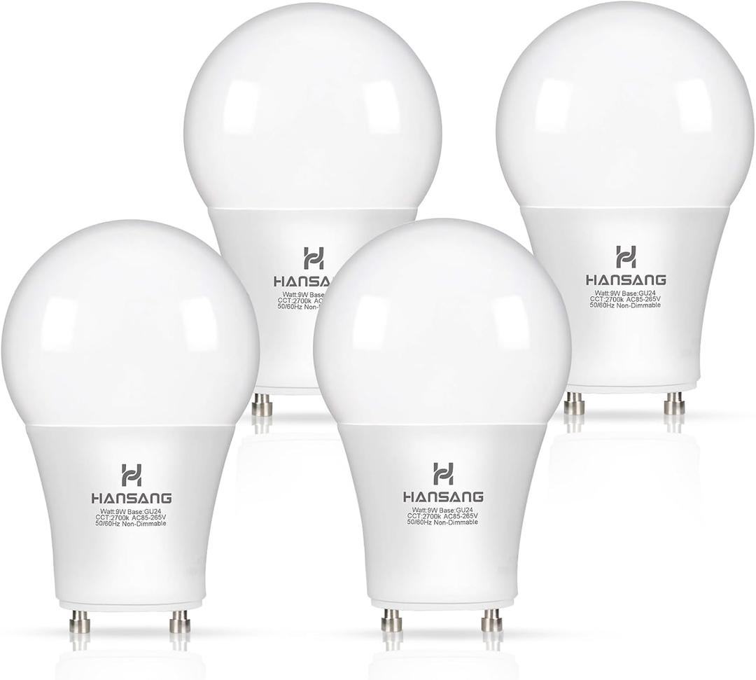 GU24 LED Light Bulb, 2700K Warm White, 60W Equivalent, 900 Lumens CRI 85+, 2 Prong GU24 Light Bulbs A19 Shape, 9W LED Twist and Lock Pin Base with Two Prongs for CFL Replacement, Non-Dimmable 4 Pack