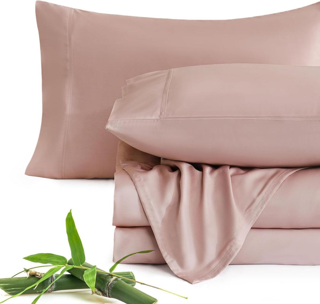JSD Dusty Pink 100% Viscose Derived from Bamboo Sheet Set Queen, Cooling Sheets for Hot Sleepers, Soft Silky Breathable Bed Sheets Extra Deep Pocket