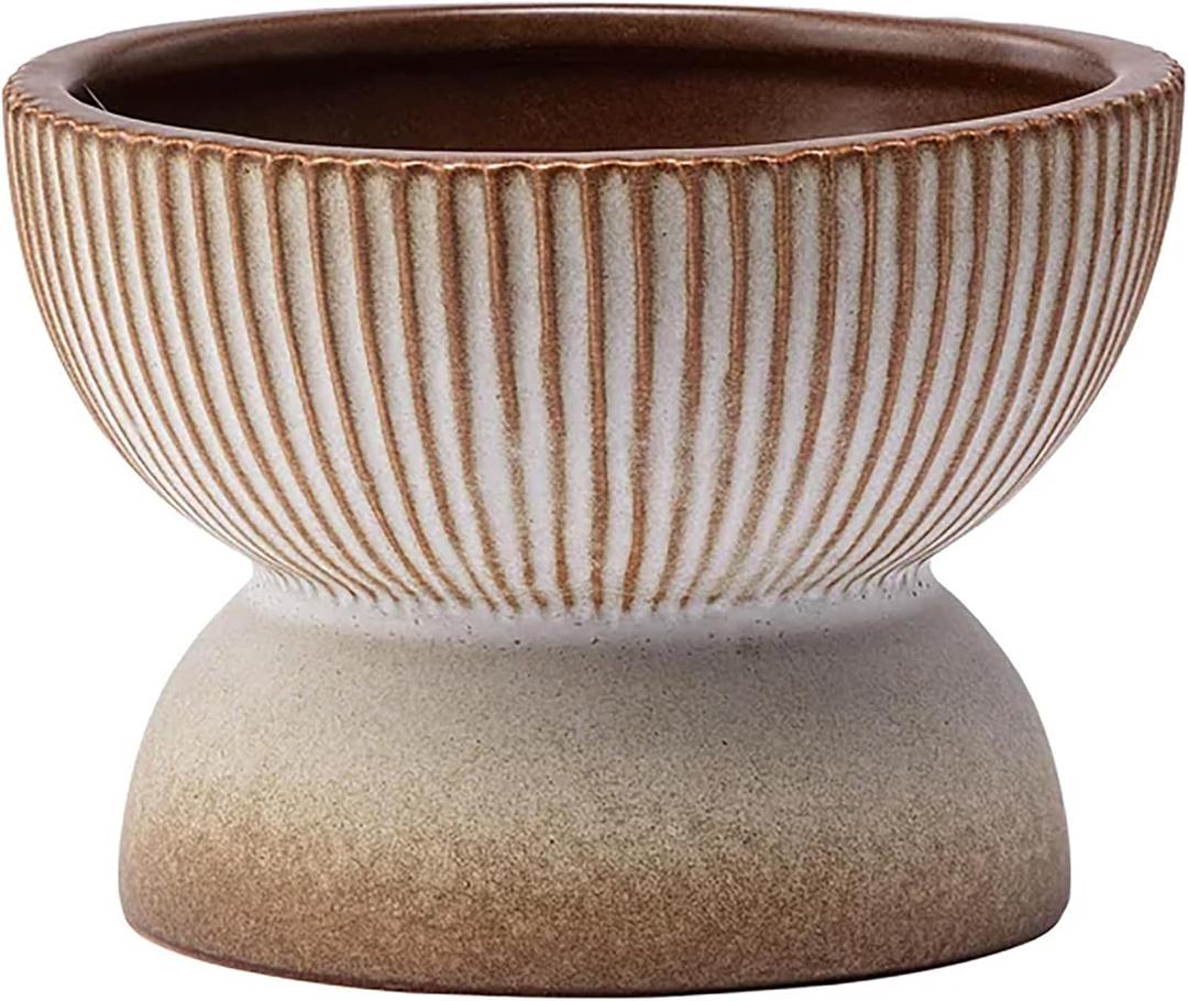Napco 22411 Ribbed Round Bowl Pedastal Base 4.25 x 4.25 x 3.25 inches Black and Brown Ceramic Flower Succulent Plant Pot Planter Container Holder, Indoor Outdoor Garden Dcor