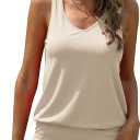Veatzaer Women V Neck Tank Tops Summer Ribbed Sleeveless Casual Tops Loose Fit Banded Bottom Shirts (Medium, Beige)