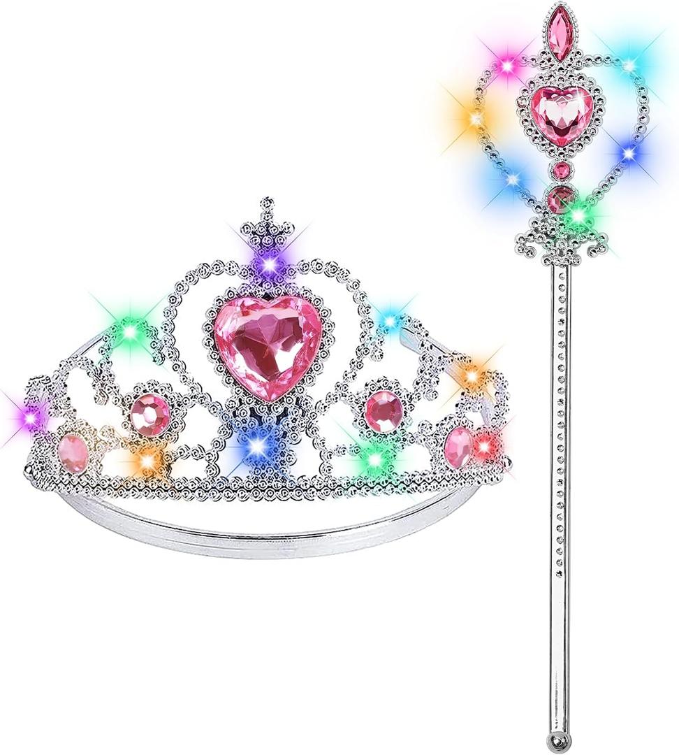 Princess Crown Tiara for Little Girls Princess Dress Up Accessories, Light Up Princess Tiara Wand Toys for 3-6 Girls