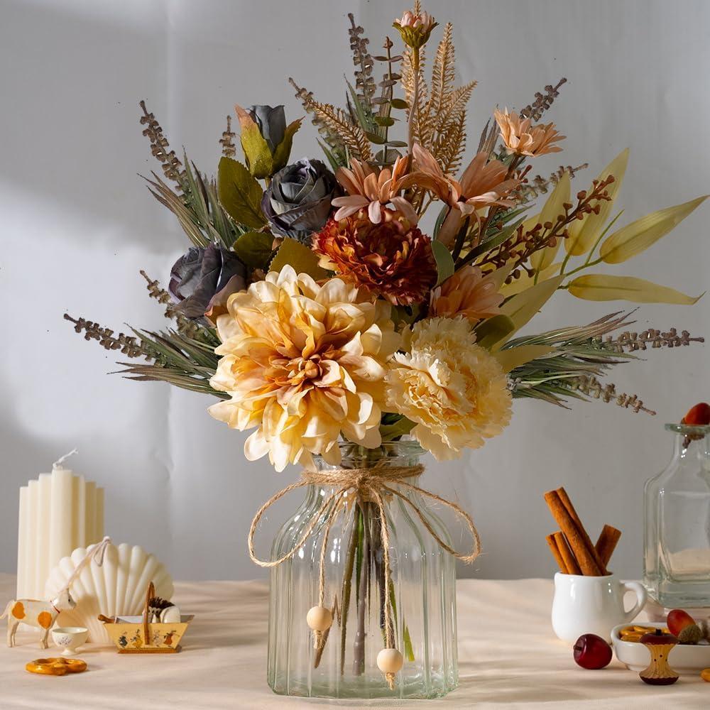 LESING Dahlia Flower Aritificial Flower with Vase Fake Silk Flowers in Glass Vase Faux Rose Flowers Arrangement for Home Office Table Centerpiece Decoration (Coffee)