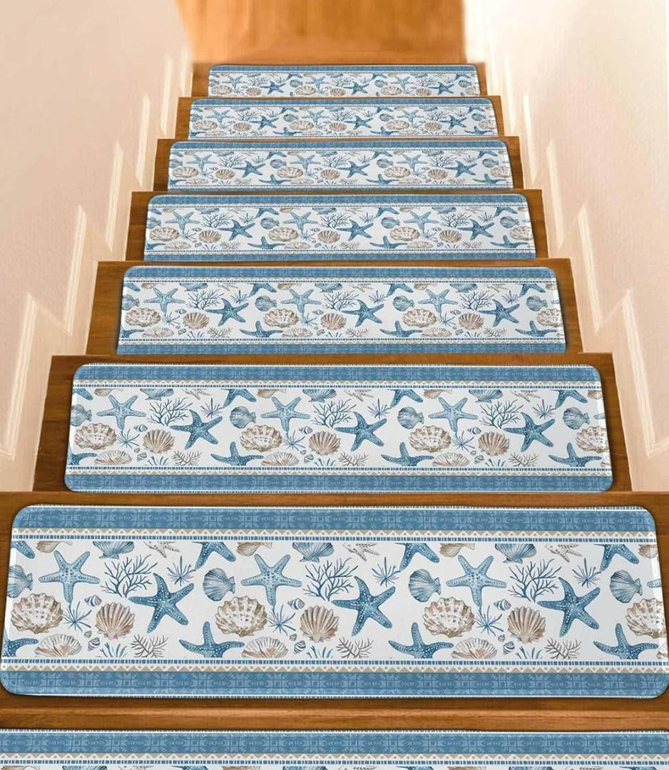 Stair Treads for Wooden Steps,Ocean Starfish Coastal Coral Summer Nautical Non Slip Stair Carpet Indoor Stair Runner Staircase Step Treads,Beach Shells Blue Stair Mat 8x30in 15 Pcs