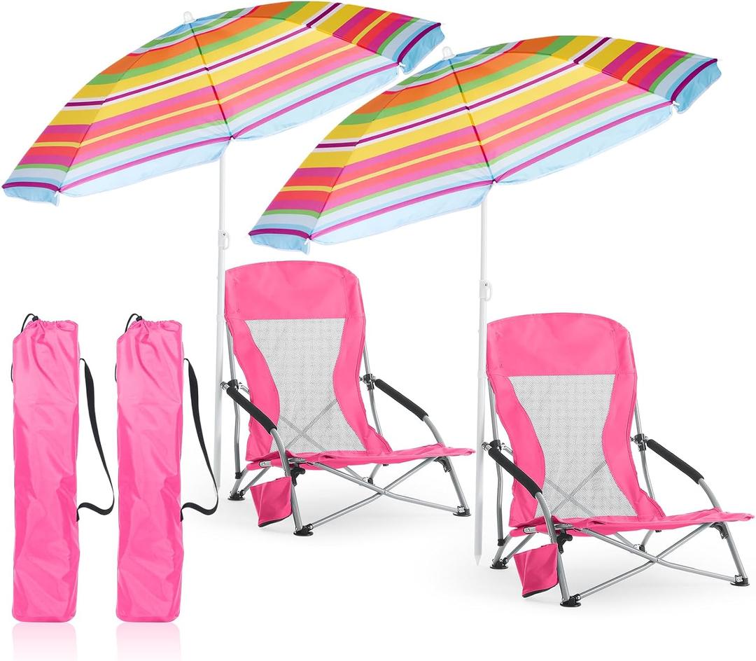 Huwena 2 Pack Beach Chairs with Umbrella for Adults, Low Folding Chair Set, Adjustable Detachable Umbrella, Lightweight Portable with Cup Holder & Carry Bag, for Beach Camping Travel(Rose Red)