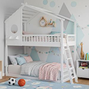 DUMOS Wood Twin Over Twin House Bunk Bed, Loft Bed with Ladder, Safety Guardrail, Wooden Slats & Window, Kids Twin Bed Frame for Teens Juniors, Freely Decorative House Roof (75.2L x 41.7W x 92.5H, White)