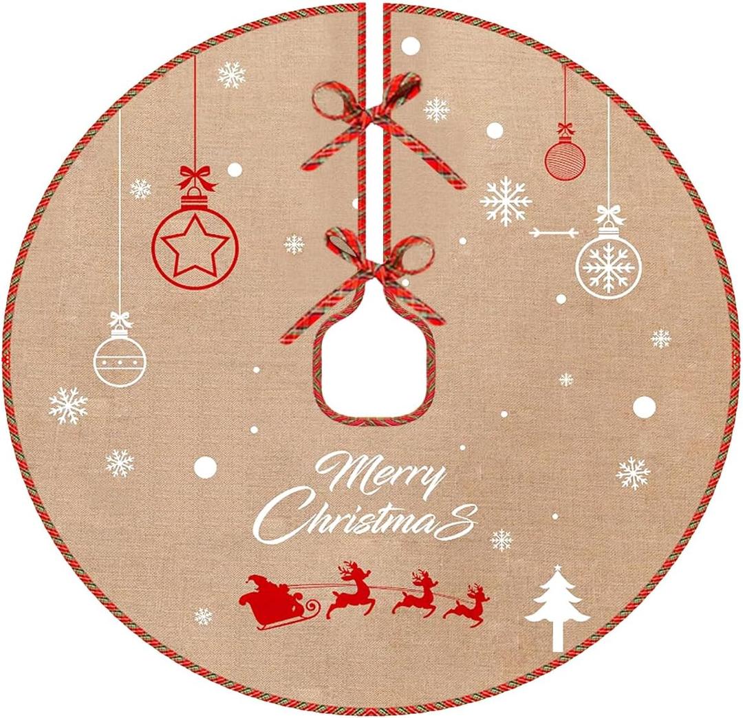 Burlap Christmas Tree-Skirt Fall Decorations - 30 Inch Vintage Rustic Farmhouse Holiday Indoor Decor White Snowflake Reindeer Deer New Santa Wedding Party Jute Tree Skirt