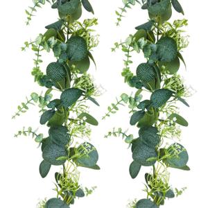 2 Pack Artificial Eucalyptus Garland - 5.9ft Faux Silk Greenery with Silver Dollar Leaves & Blossoms, All-Season Indoor/Outdoor Vine Greenery Garland for Weddings, Walls, Tables, DIY Spring Decor (2)