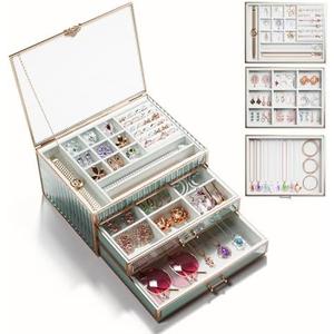 CoralHouse Large jewelry boxes & organizers,3-Layer Glass Jewelry Organizer with Velvet Lining and Copper Handles - for Rings, Earrings, Necklaces, Bracelets, and Watches.