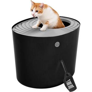 IRIS USA Cat Litter Box, Large Top Entry with Litter Catching Lid and Scoop, Dog Proof, Cat Box Enclosure, Dark Gray/White