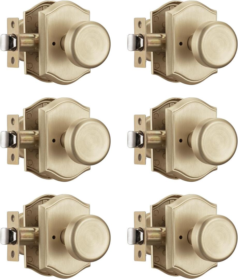 6 Pack Pismo Doorknobs for Bath & Bedroom, Gold Interior Door Knobs with Camelot Trim, Satin Brass Door Knob with Lock
