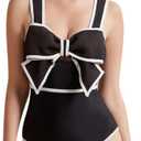 FLAXMAKER Black and White Swimsuit Bow-tie Decor One Piece Bathing Suit (Black, XS)