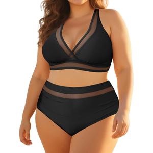 Tempt Me Women Plus Size Bikini High Waisted Swimsuits Mesh Tummy Control Two Piece Bathing Suit (Black), 18 W