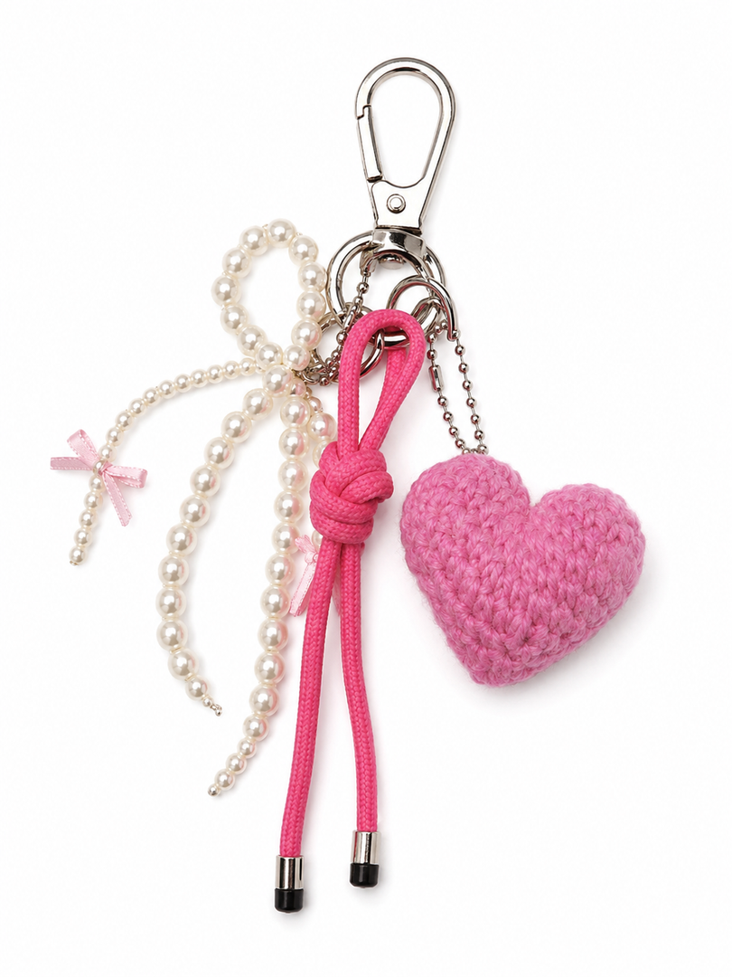 3 x Crocheted Heart Pearls Keychain 3PK