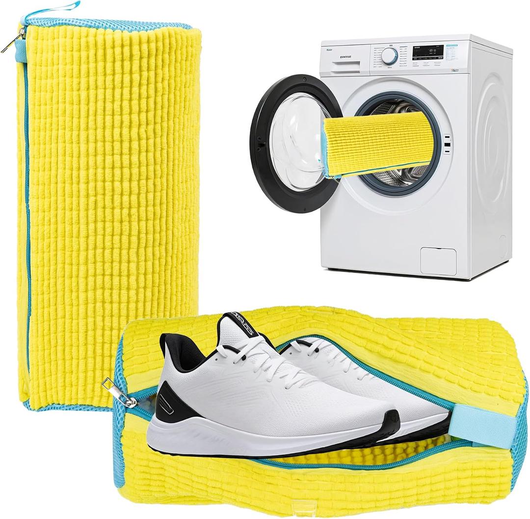 2 x Yuoyar Shoe Washing Machine Bag - Fluffy Fibers Shoe Laundry Bag for Washer and Dryer - Adjustable Shoe Bag for Washing Machine (1, Yellow and Blue)