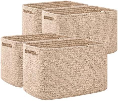 OIAHOMY 4 Pack Storage Baskets for Organizing, Cube Storage Bins for Shelves, Rectangle Storage Baskets With Handles, Woven Baskets for Storage, 12.7''Lx9''Wx7.8''H, Brown