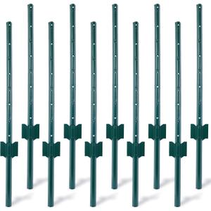 10Pack 3 Feet Fence Posts - Heavy Duty Metal Fence Post with U-Channel | Steel Fence U-Post for Holding Garden Wire Fence, Corner Anchor Posts Green