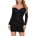 D&M Women's Off Shoulder Sparkly Dress Knitted Mesh Long Sleeve Open Back Ruched Bodycon Sexy Mini Party Dress Black XS