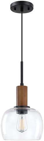 1 Light Hanging Kitchen Island Pendant Light 7.3" Clear Drum Seeded Glass Indoor Natural Wood Pendant Ceiling Light Fixtures,Black Finish Modern Farmhouse Dinning Over Sink