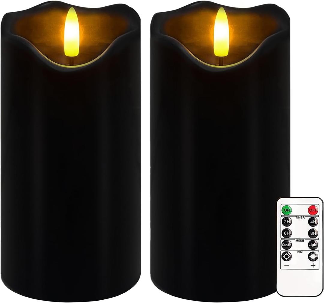Black Flameless Candles, Set of 2 6"x3" Flickering LED Candles with Remote & Timer, Dimmable Real Wax Electric Pillar Candles Battery Operated, Flameless Candles Light for Home Halloween Decor (Black)