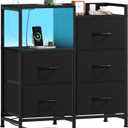 Somdot Black Nightstand with Charging Station and LED Light, Wide 5 Drawers Dresser for Bedroom with Fabric Bins and Open Shelf for Bedroom Kids Closet Dorm Guest Room, Black